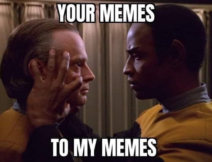 This meme is a screenshot from the Star Trek: The Next Generation episode "The Outcast," featuring a tense moment between Captain Jean-Luc Picard and Lieutenant Worf. The text "Your memes" is written above the image, while "To my memes" is written below. The image is a humorous take on the idea of a character's emotions or actions being "translated" into memes.